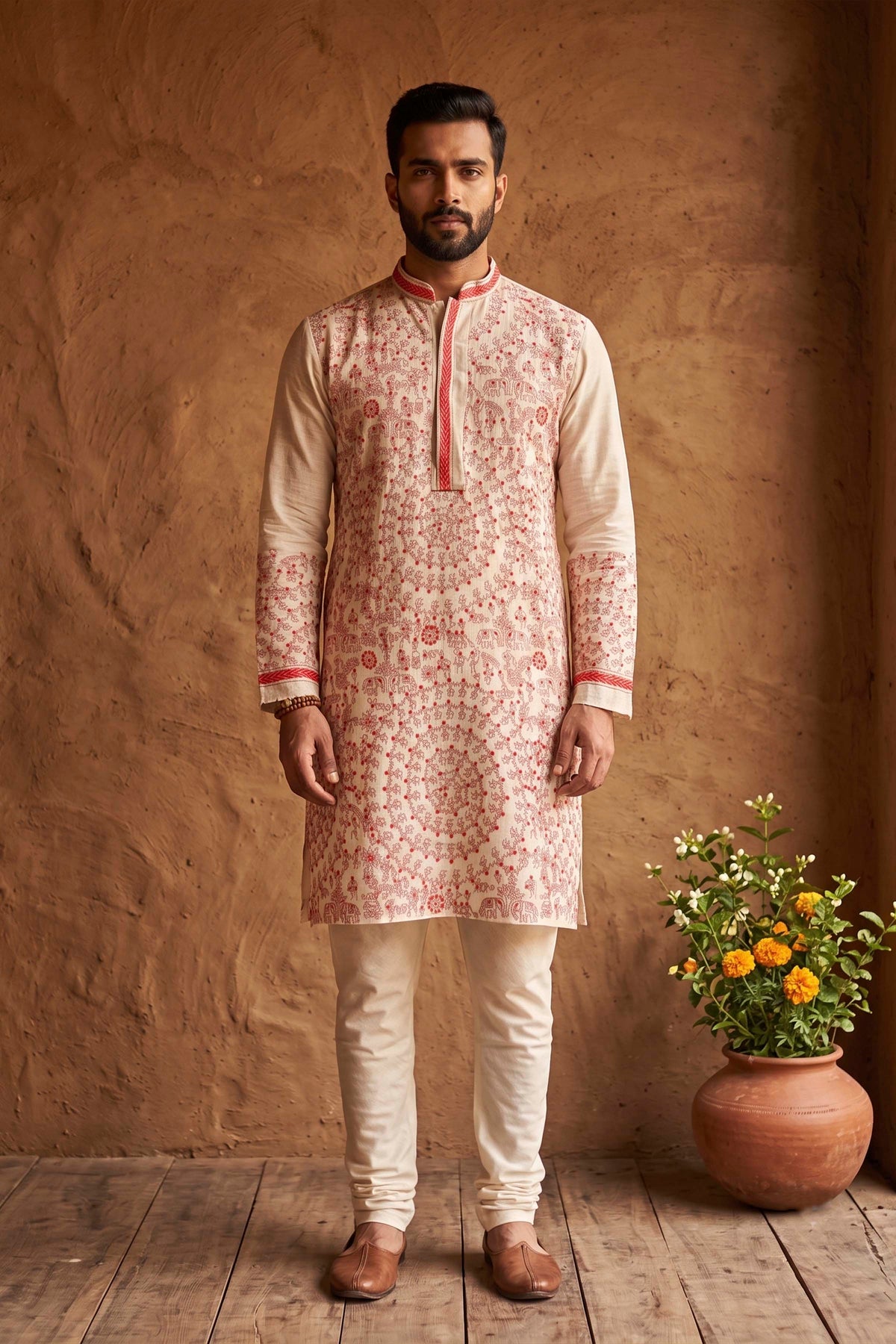 Beige Pure Tussar with Kantha Work (Hand Embroidery) Panjabi KP26438