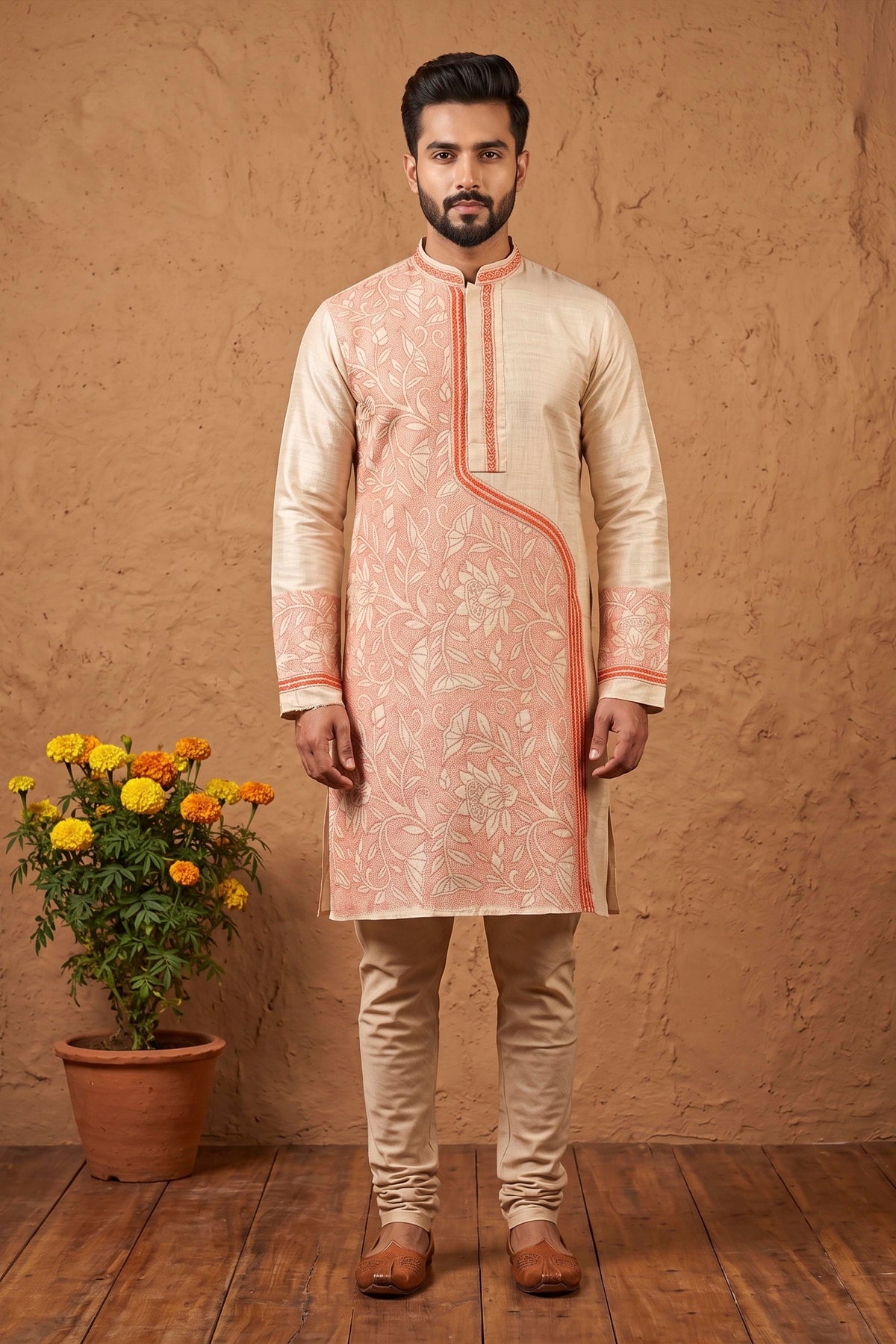Beige Pure Tussar with Kantha Work (Hand Embroidery) Panjabi KP26439