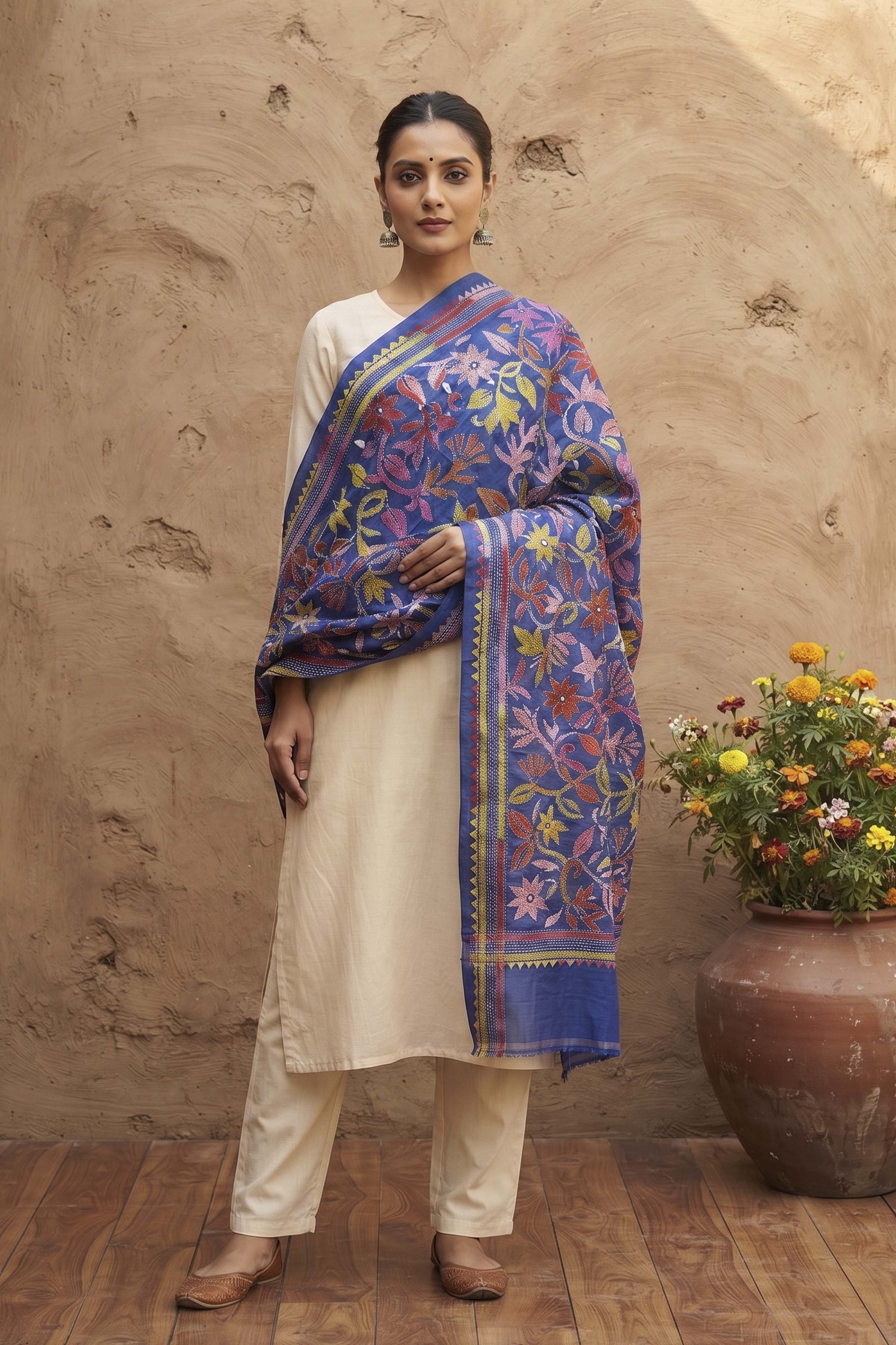 Pure Tussar Kantha Stitch Dupatta SN26KD43