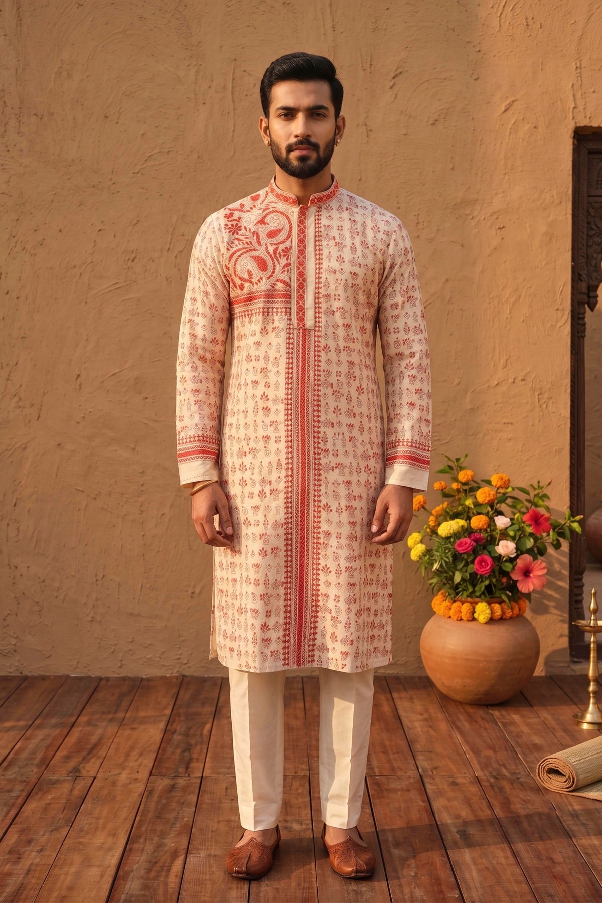 Beige Pure Tussar with Kantha Work (Hand Embroidery) Panjabi KP26440