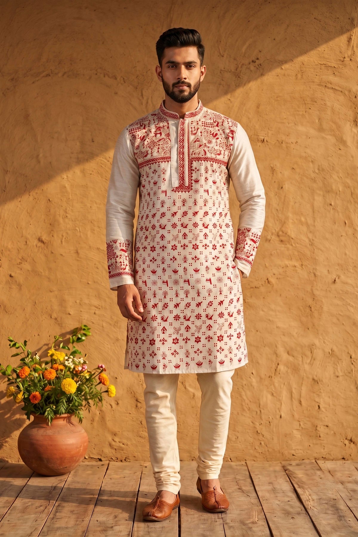 Beige Pure Tussar with Kantha Work (Hand Embroidery) Panjabi KP26441