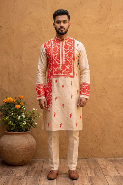 Beige Pure Tussar with Kantha Work (Hand Embroidery) Panjabi KP26443