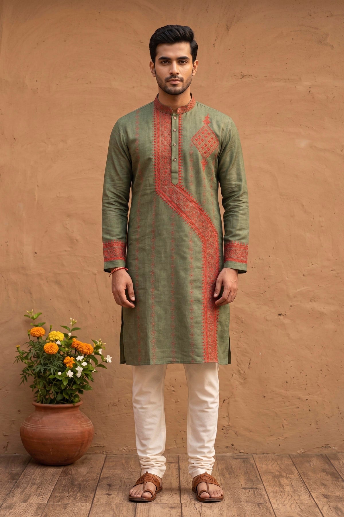 Greenish Gray Pure Tussar with Kantha Work (Hand Embroidery) Panjabi KP26444