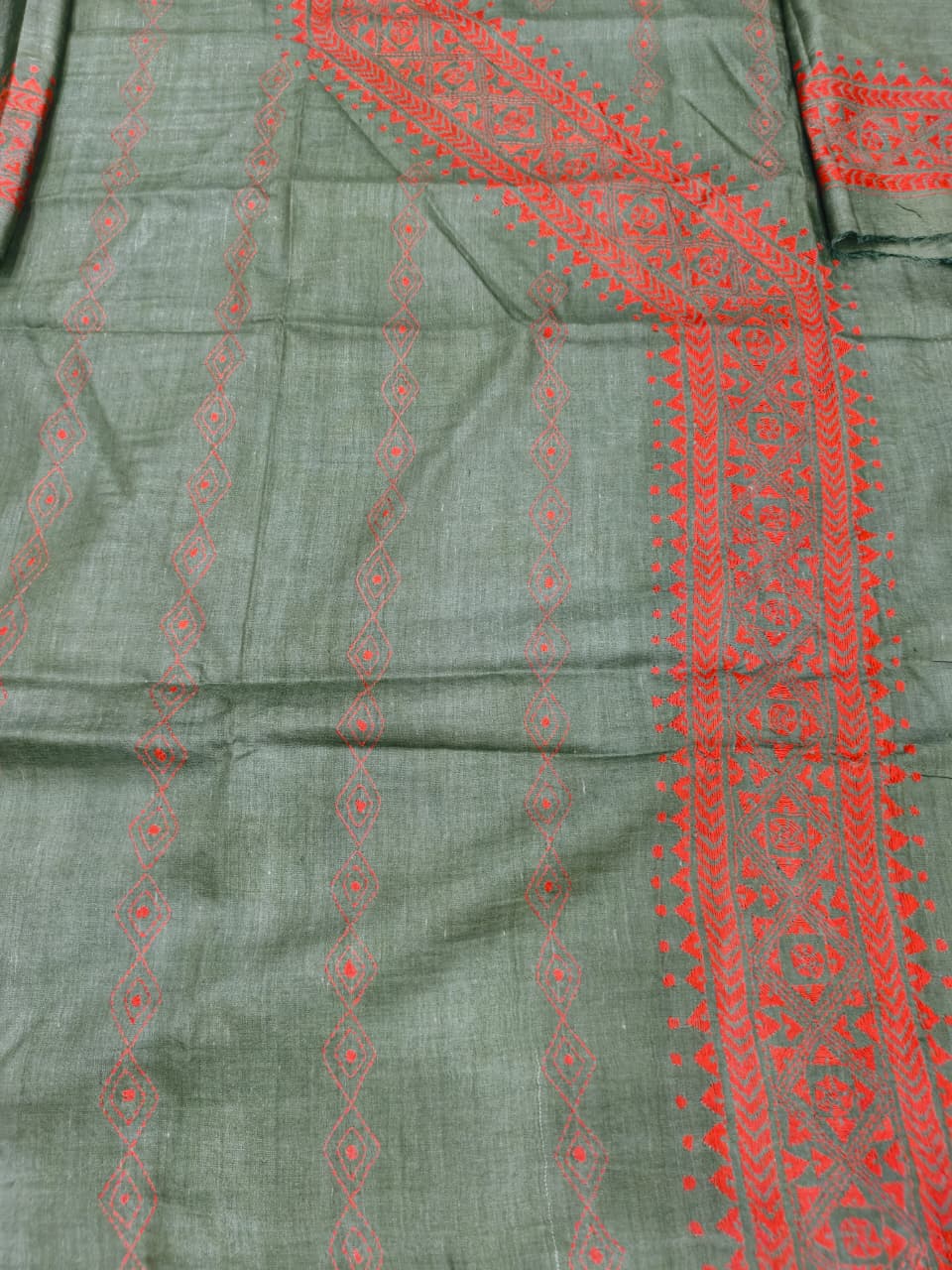 Greenish Gray Pure Tussar with Kantha Work (Hand Embroidery) Panjabi KP26444