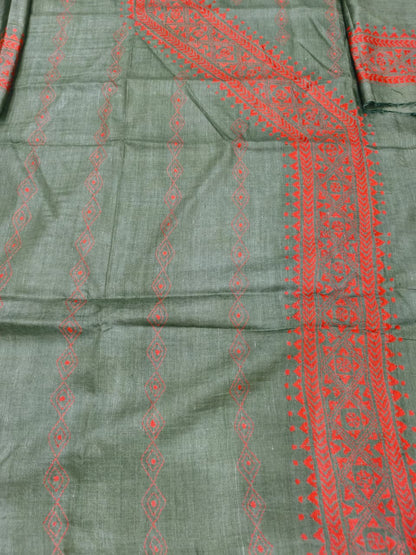 Greenish Gray Pure Tussar with Kantha Work (Hand Embroidery) Panjabi KP26444