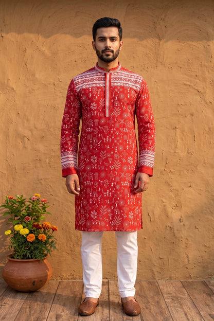 Red Pure Tussar with Kantha Work (Hand Embroidery) Panjabi KP26445