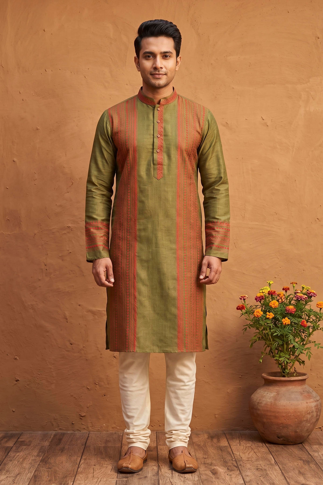 Olive Green Pure Tussar with Kantha Work (Hand Embroidery) Panjabi KP26446