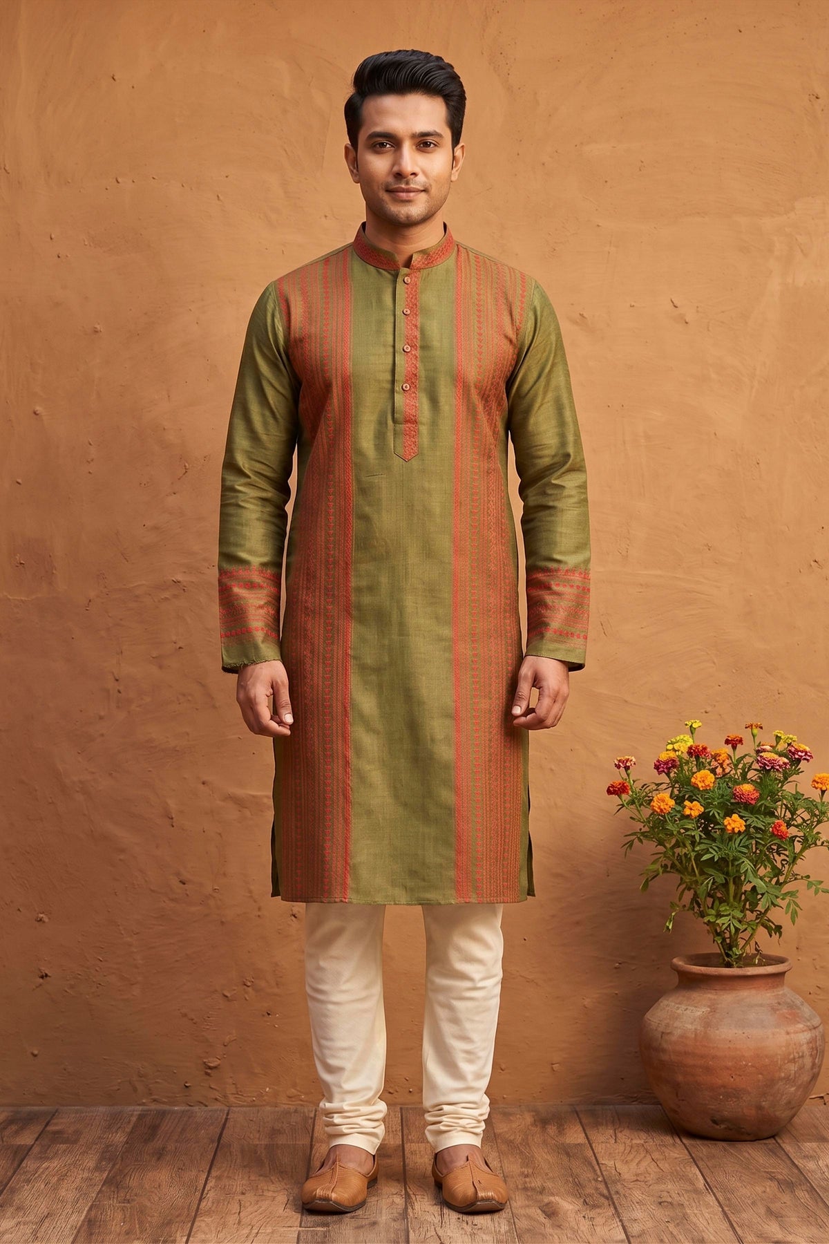 Olive Green Pure Tussar with Kantha Work (Hand Embroidery) Panjabi KP26446