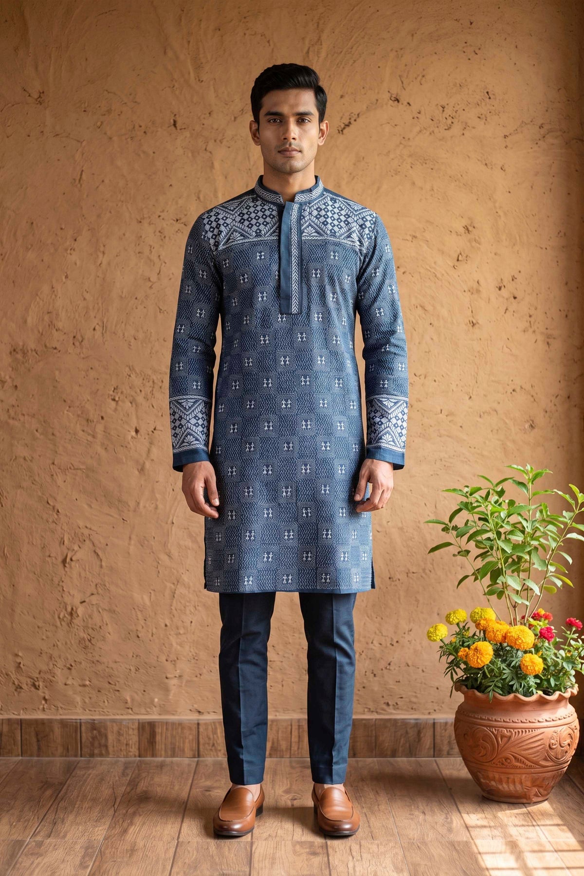 Blue Pure Tussar with Kantha Work (Hand Embroidery) Panjabi KP26447