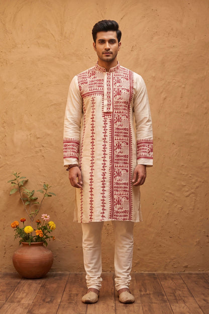Beige Pure Tussar with Kantha Work (Hand Embroidery) Panjabi KP26448