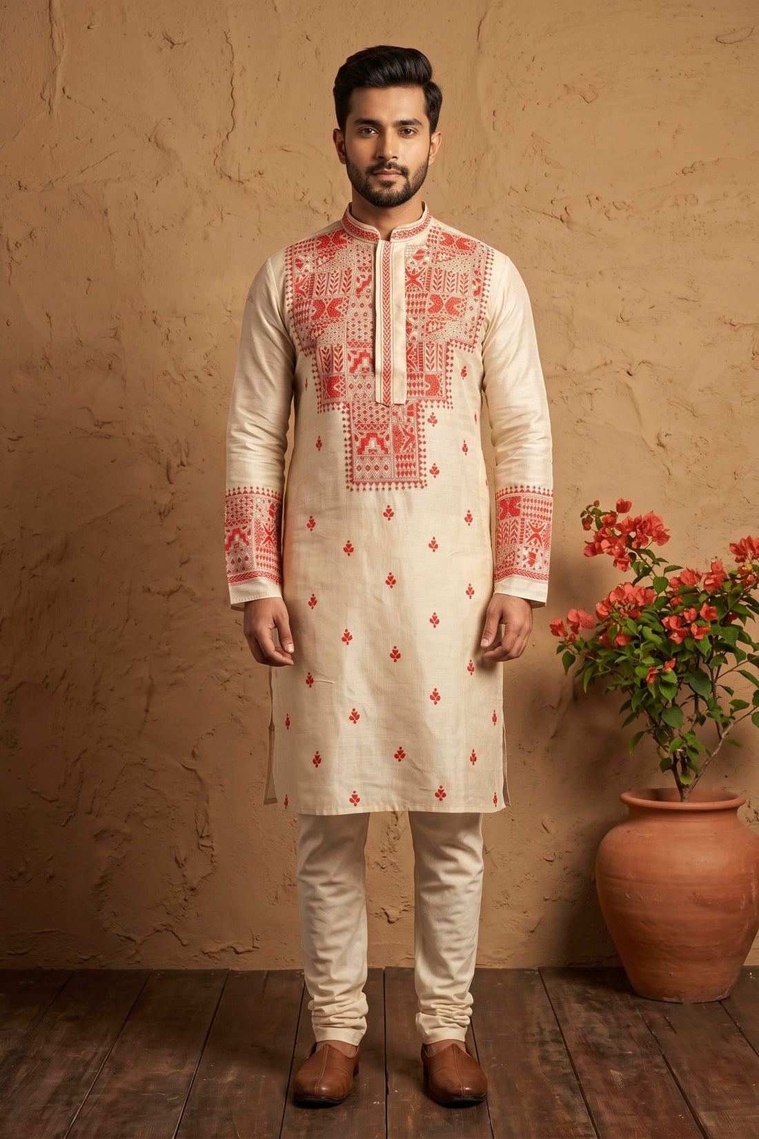 Beige Pure Tussar with Kantha Work (Hand Embroidery) Panjabi KP26449