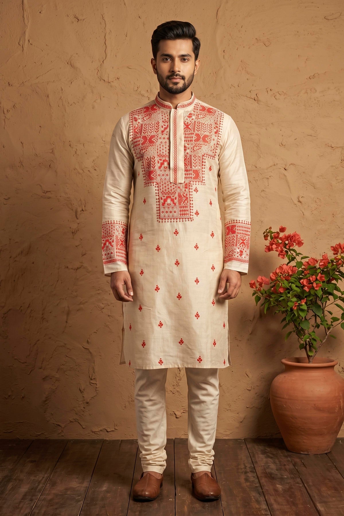 Beige Pure Tussar with Kantha Work (Hand Embroidery) Panjabi KP26449
