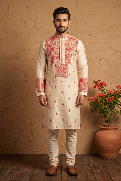 Beige Pure Tussar with Kantha Work (Hand Embroidery) Panjabi KP26449