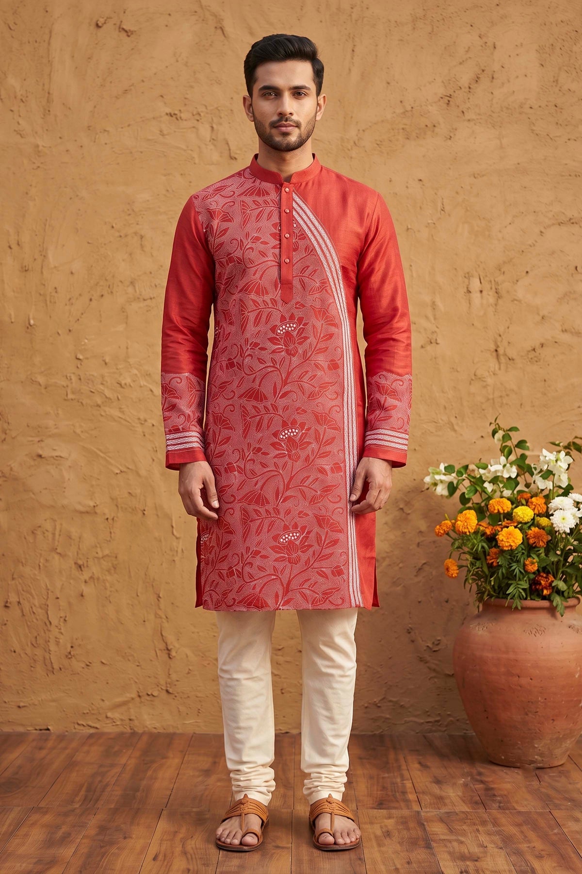 Red Pure Tussar with Kantha Work (Hand Embroidery) Panjabi KP26450