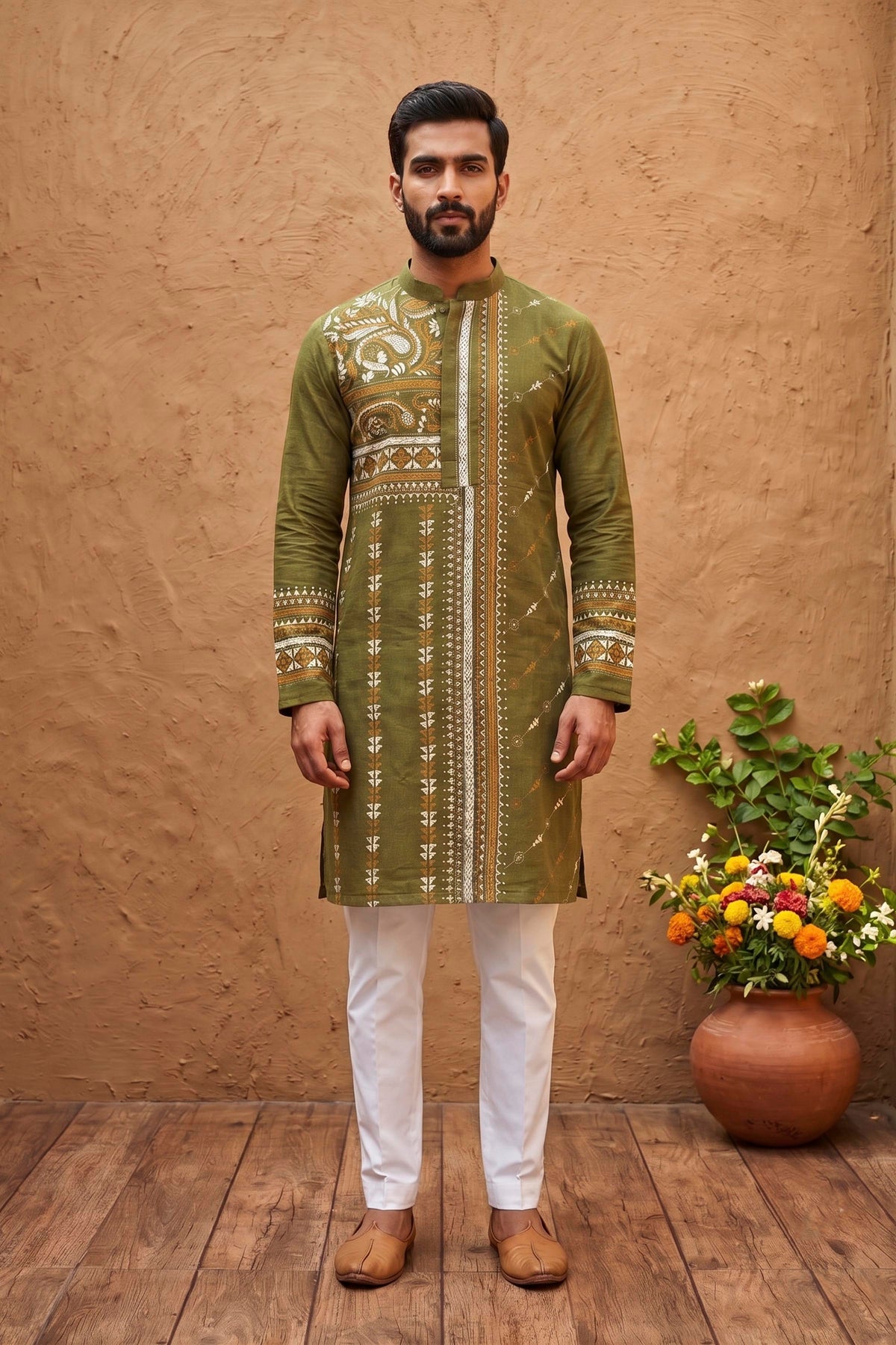 Olive Green Pure Tussar with Kantha Work (Hand Embroidery) Panjabi KP26451