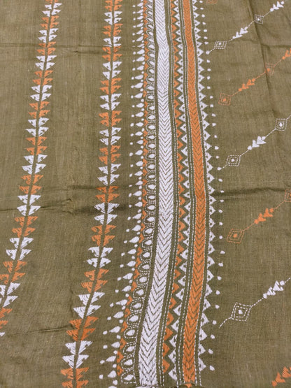 Olive Green Pure Tussar with Kantha Work (Hand Embroidery) Panjabi KP26451