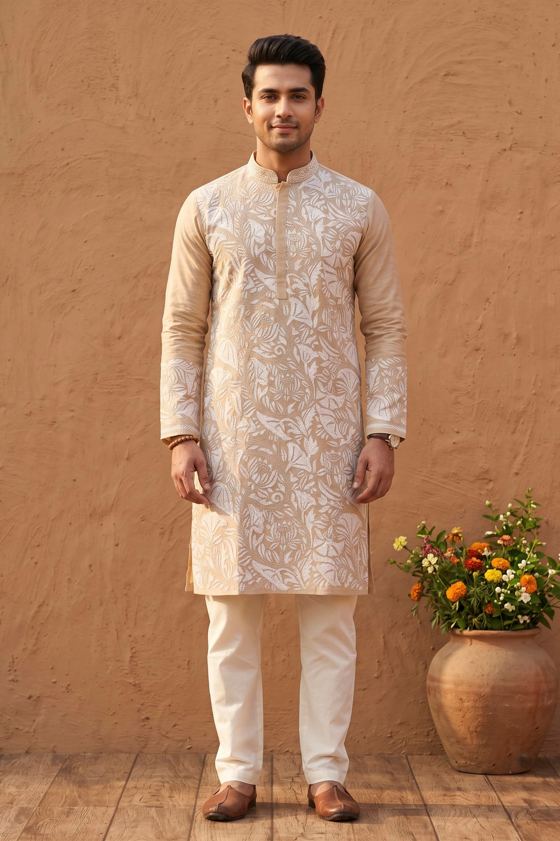 Beige Pure Tussar with Kantha Work (Hand Embroidery) Panjabi KP26452