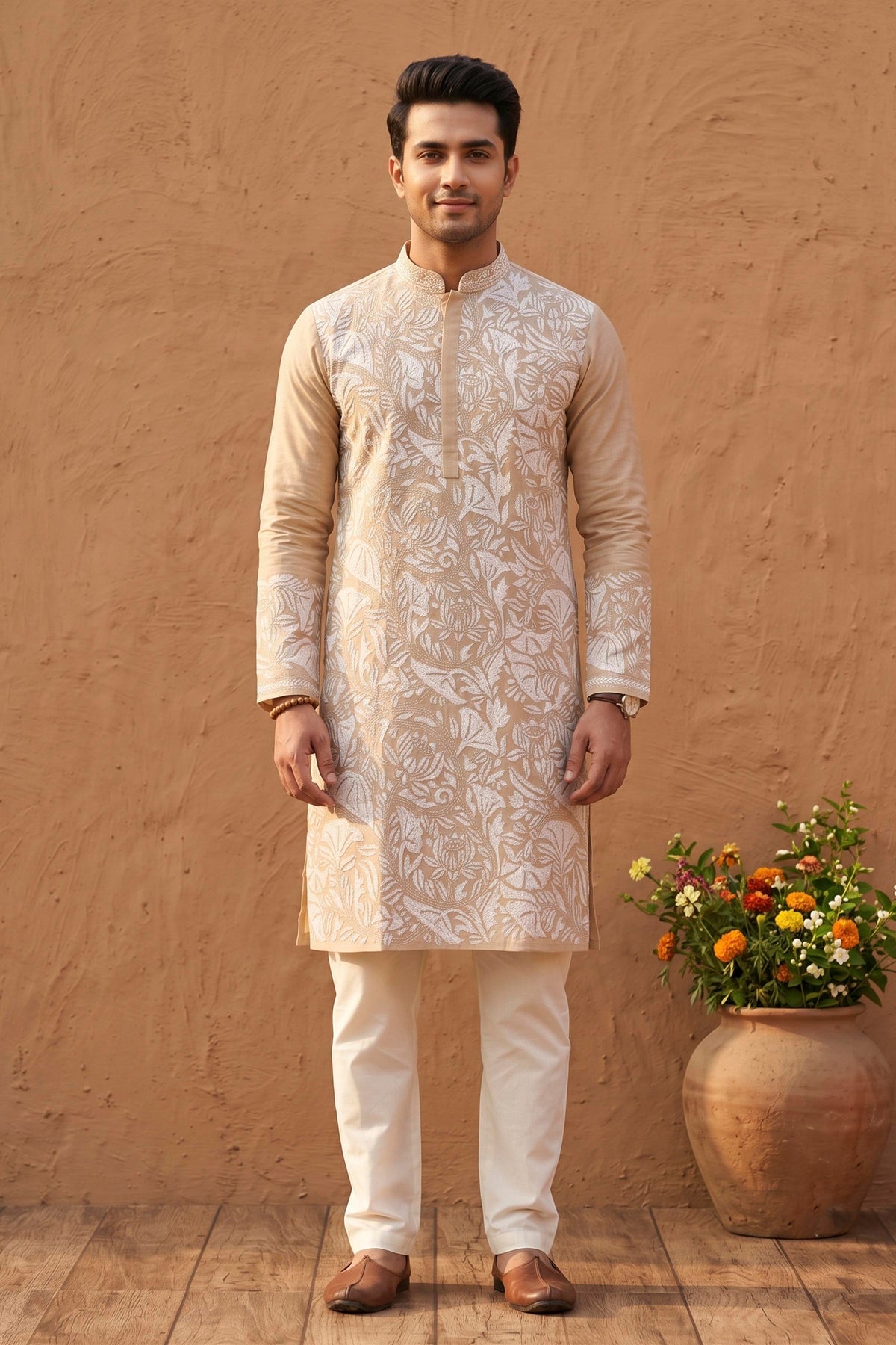 Beige Pure Tussar with Kantha Work (Hand Embroidery) Panjabi KP26452