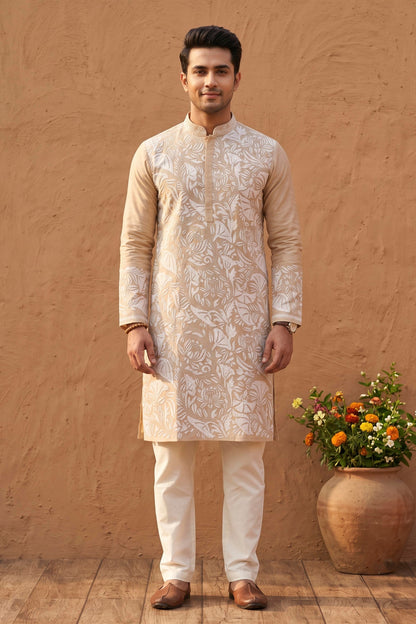 Beige Pure Tussar with Kantha Work (Hand Embroidery) Panjabi KP26452