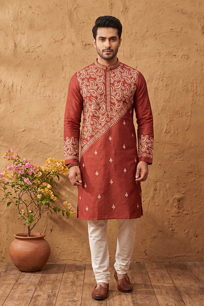 Brick Red Pure Tussar with Kantha Work (Hand Embroidery) Panjabi KP26453