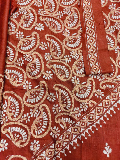 Brick Red Pure Tussar with Kantha Work (Hand Embroidery) Panjabi KP26453