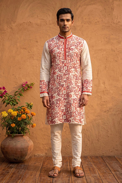 Beige Pure Tussar with Kantha Work (Hand Embroidery) Panjabi KP26454