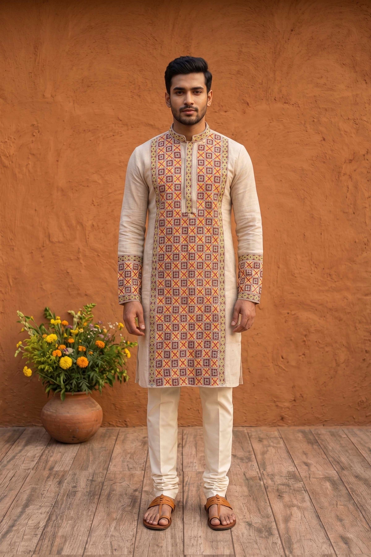 Beige Pure Tussar with Kantha Work (Hand Embroidery) Panjabi KP26455
