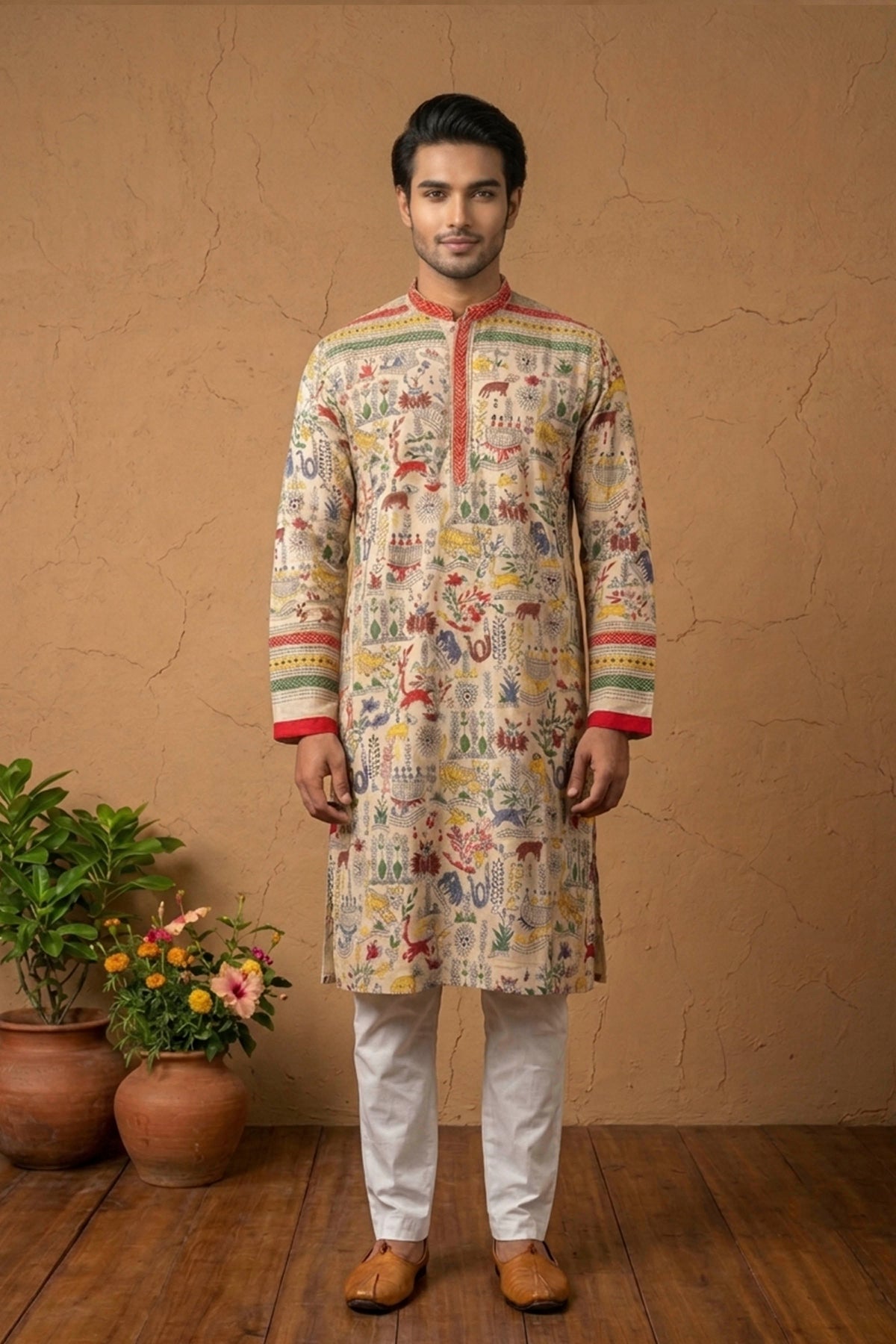 Beige Pure Tussar with Kantha Work (Hand Embroidery) Panjabi KP26456