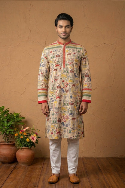 Beige Pure Tussar with Kantha Work (Hand Embroidery) Panjabi KP26456