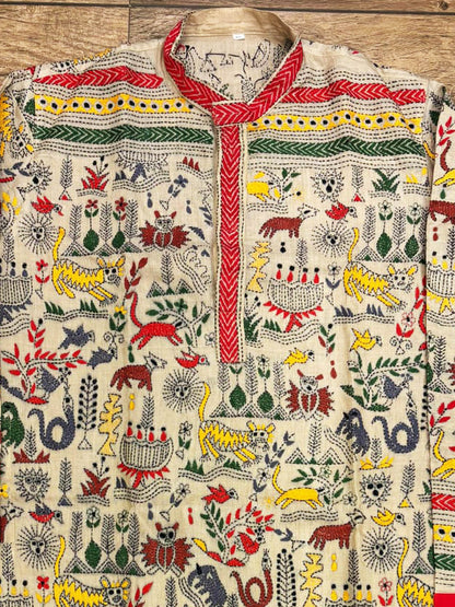 Beige Pure Tussar with Kantha Work (Hand Embroidery) Panjabi KP26456