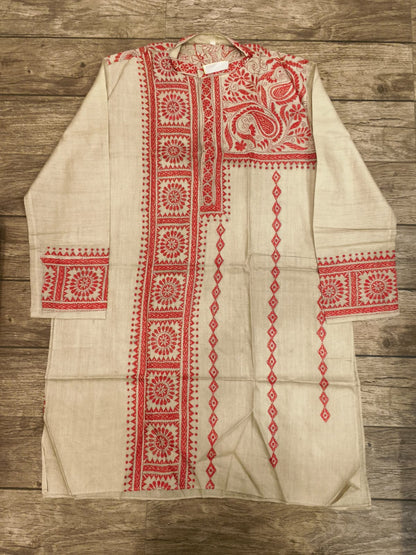 Beige Pure Tussar with Kantha Work (Hand Embroidery) Panjabi KP26457