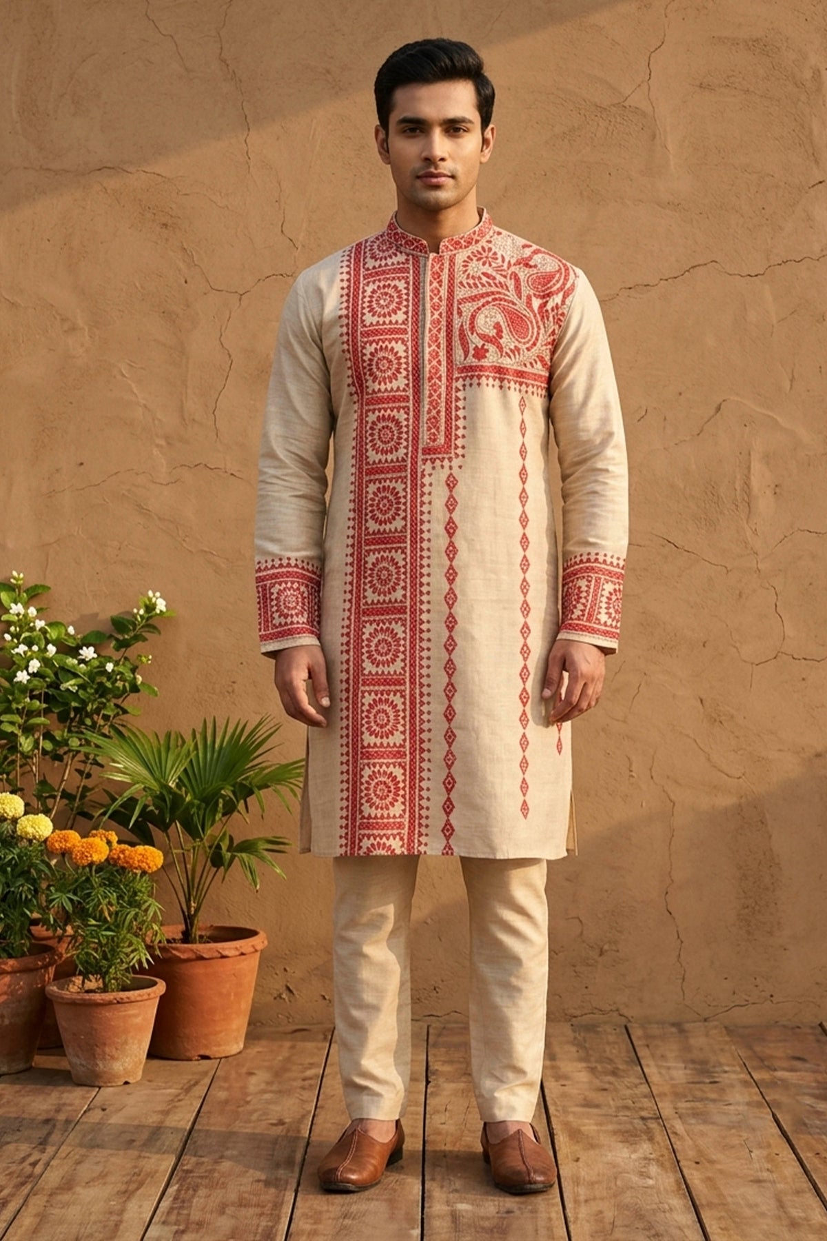 Beige Pure Tussar with Kantha Work (Hand Embroidery) Panjabi KP26457
