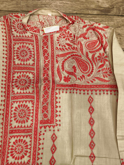 Beige Pure Tussar with Kantha Work (Hand Embroidery) Panjabi KP26457