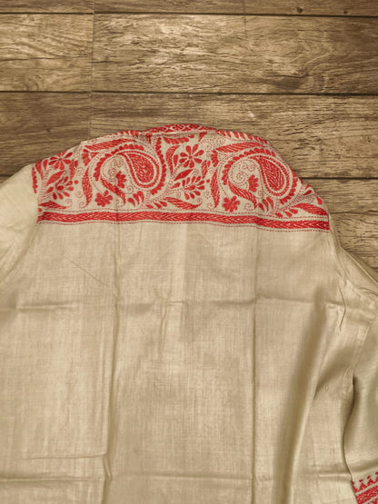 Beige Pure Tussar with Kantha Work (Hand Embroidery) Panjabi KP26457