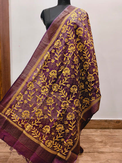 Zari Border Pure Tussar Kantha Stitch Dupatta SN26KD46
