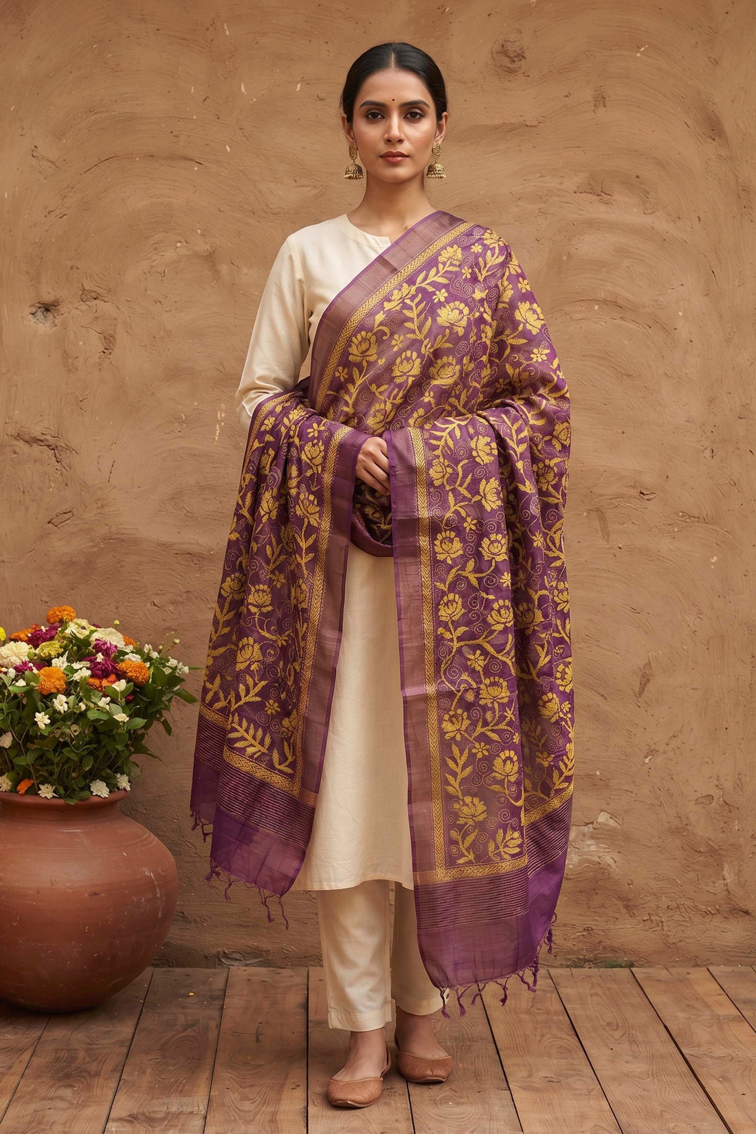 Zari Border Pure Tussar Kantha Stitch Dupatta SN26KD46