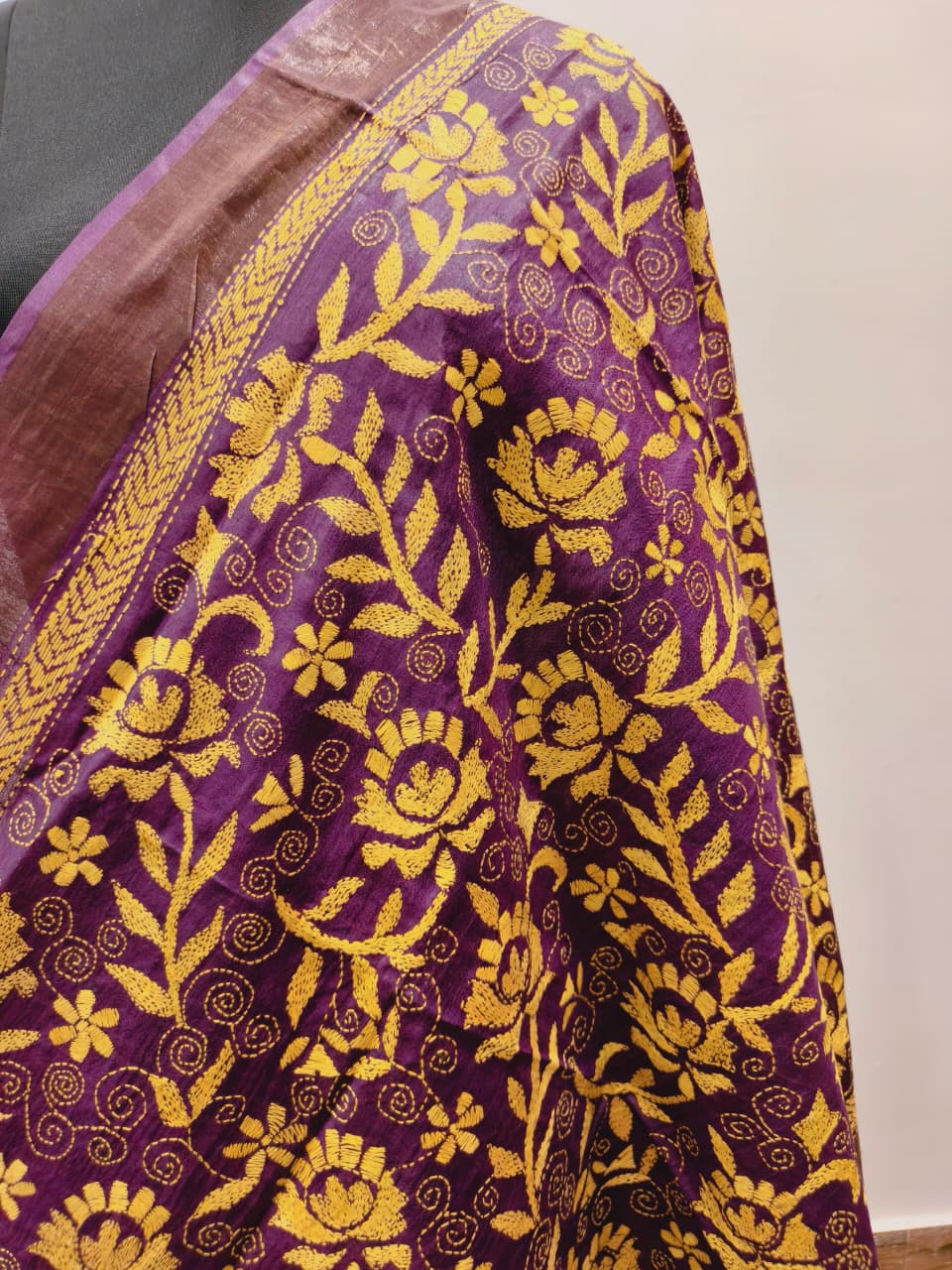 Zari Border Pure Tussar Kantha Stitch Dupatta SN26KD46