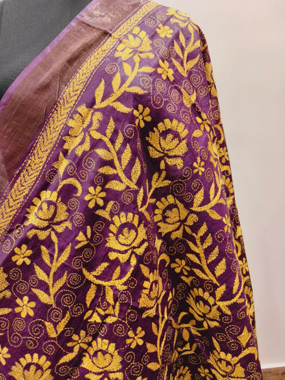 Zari Border Pure Tussar Kantha Stitch Dupatta SN26KD46