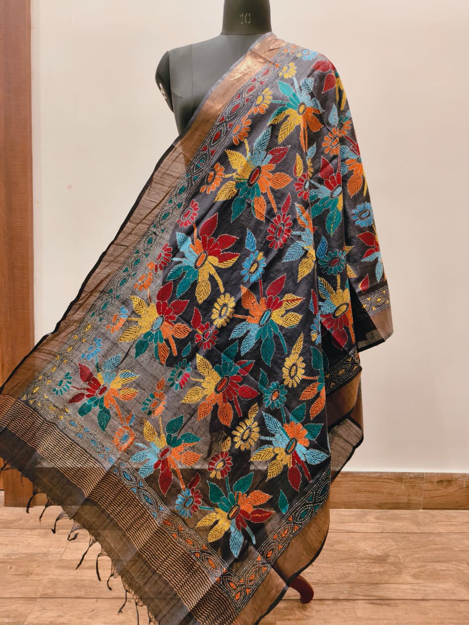 Zari Border Pure Tussar Kantha Stitch Dupatta SN26KD49