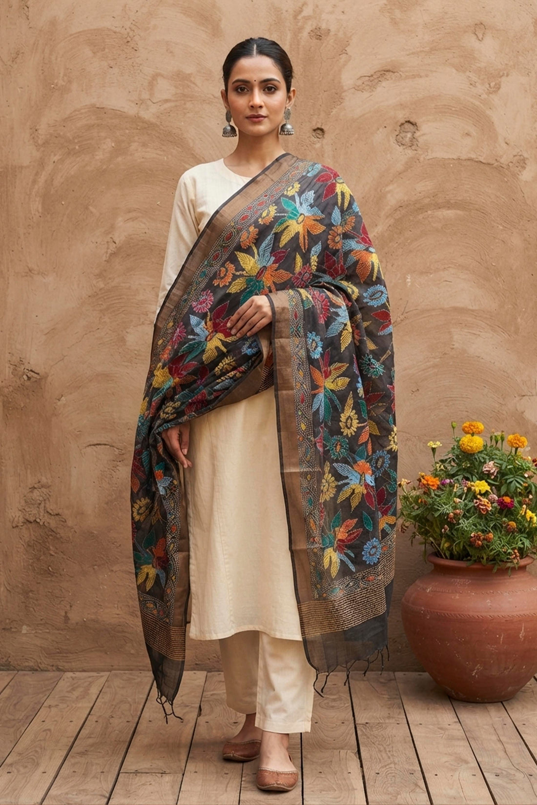 Zari Border Pure Tussar Kantha Stitch Dupatta SN26KD49
