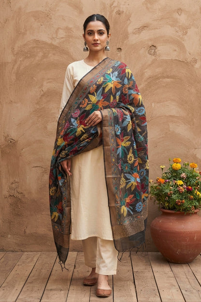 Zari Border Pure Tussar Kantha Stitch Dupatta SN26KD49