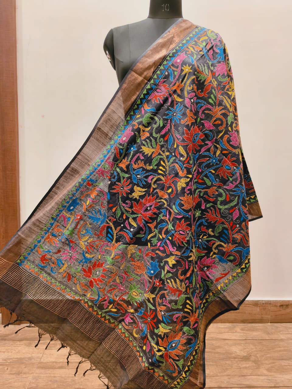 Zari Border Pure Tussar Kantha Stitch Dupatta SN26KD52