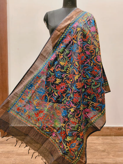 Zari Border Pure Tussar Kantha Stitch Dupatta SN26KD52
