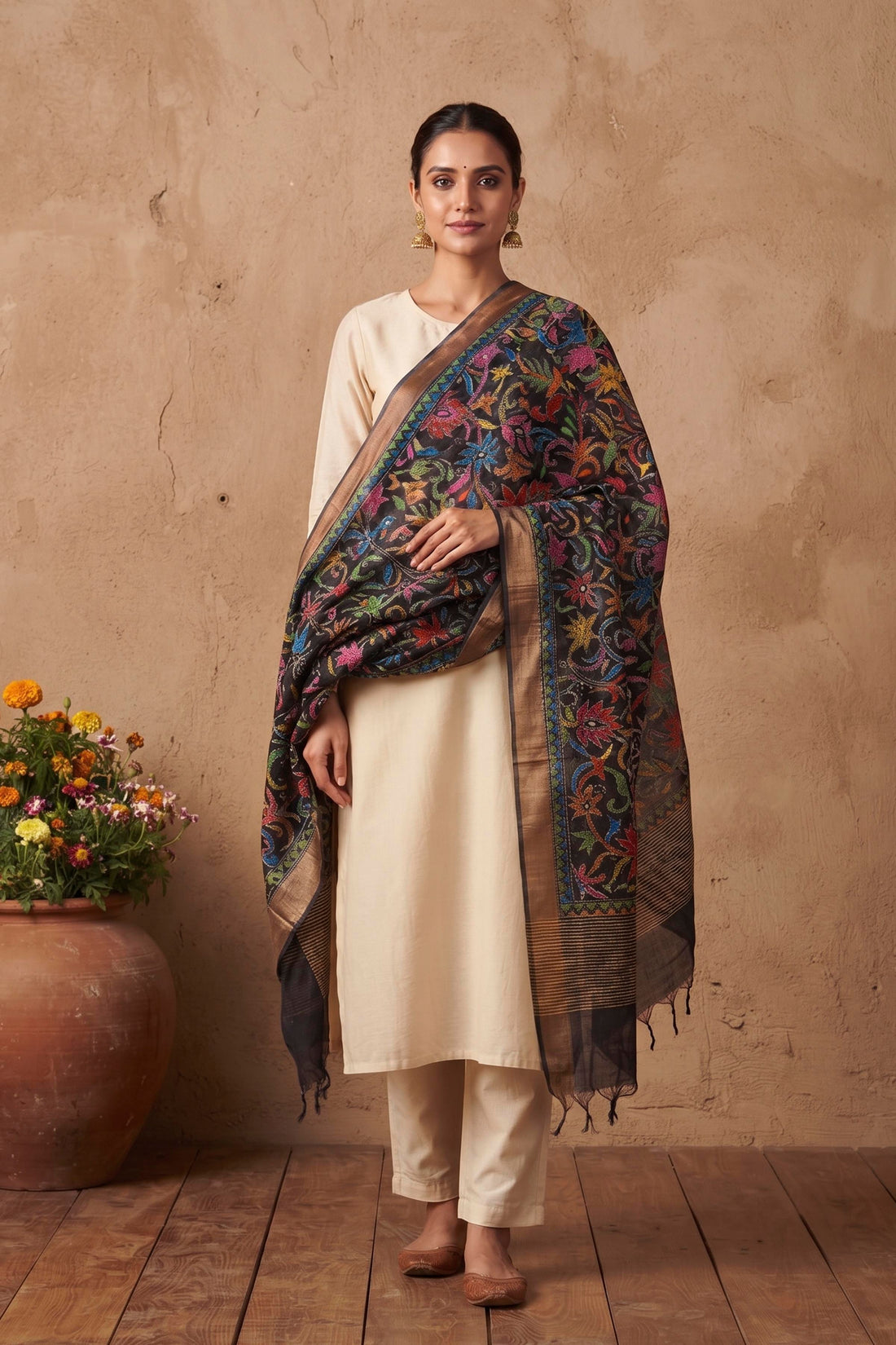 Zari Border Pure Tussar Kantha Stitch Dupatta SN26KD52