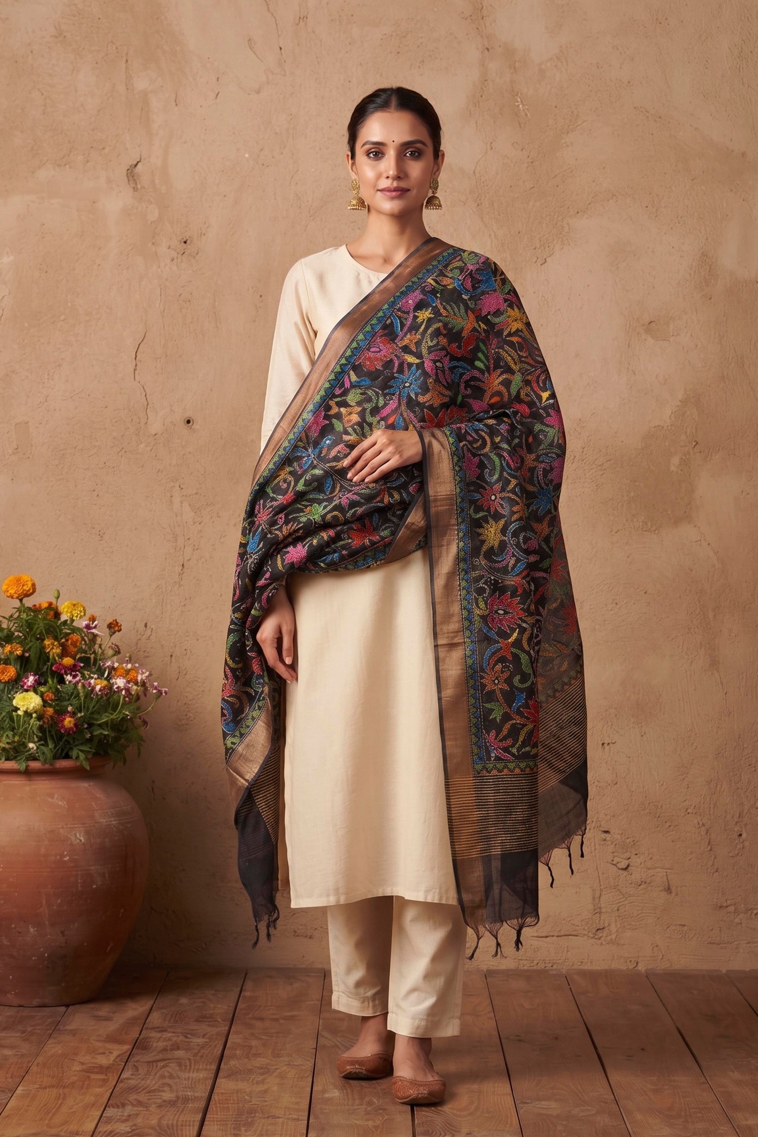 Zari Border Pure Tussar Kantha Stitch Dupatta SN26KD52