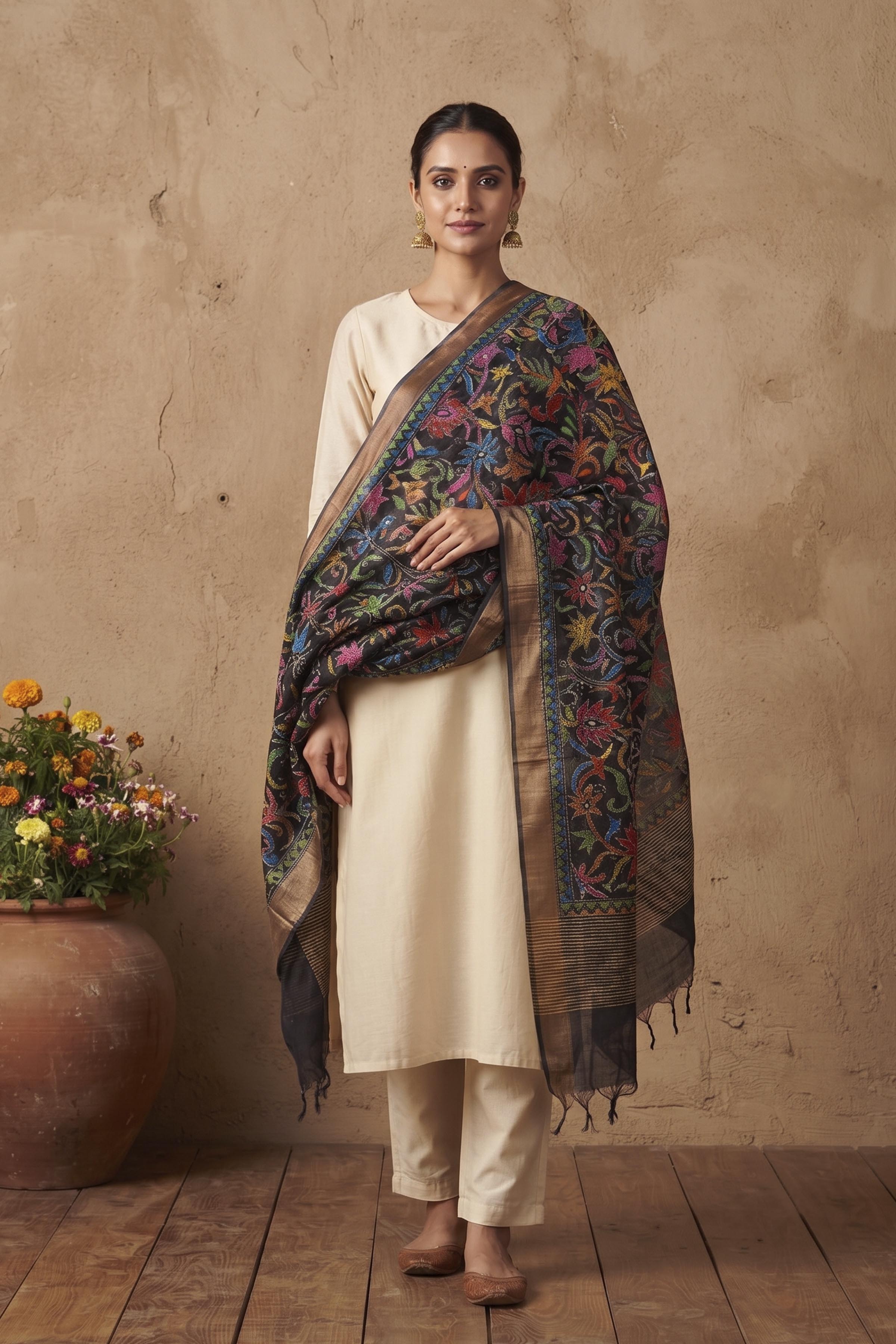 Zari Border Pure Tussar Kantha Stitch Dupatta SN26KD52