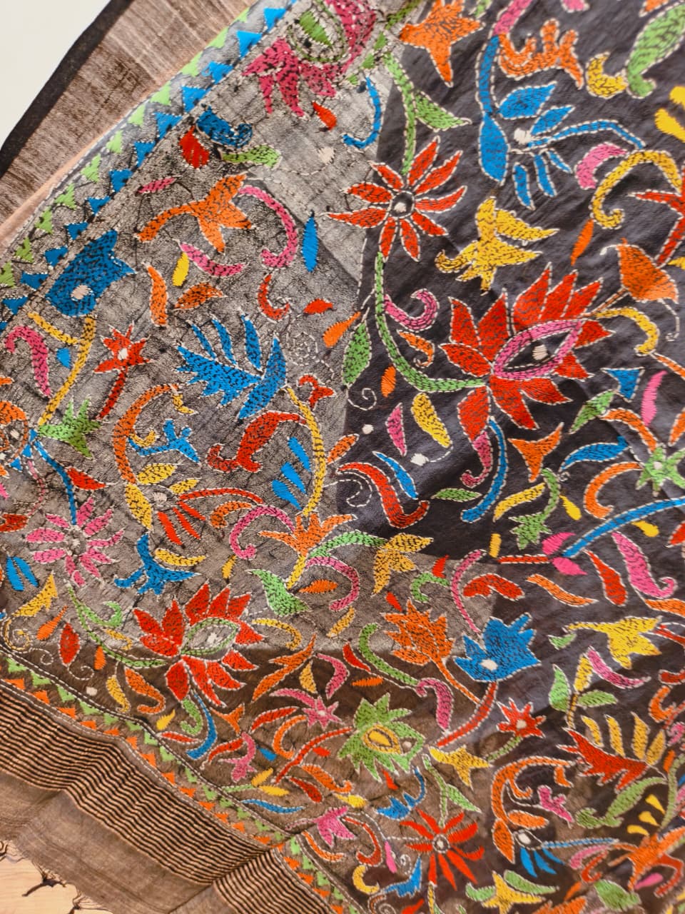 Zari Border Pure Tussar Kantha Stitch Dupatta SN26KD52