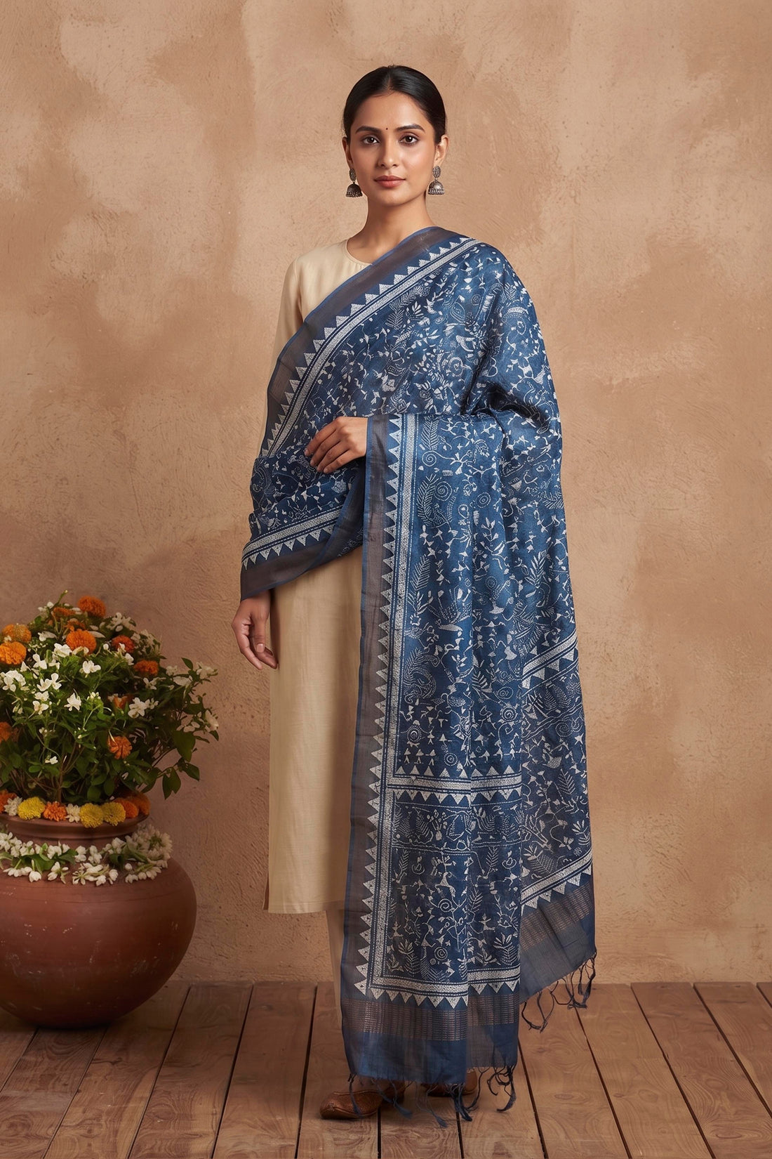 Zari Border Pure Tussar Kantha Stitch Dupatta SN26KD55