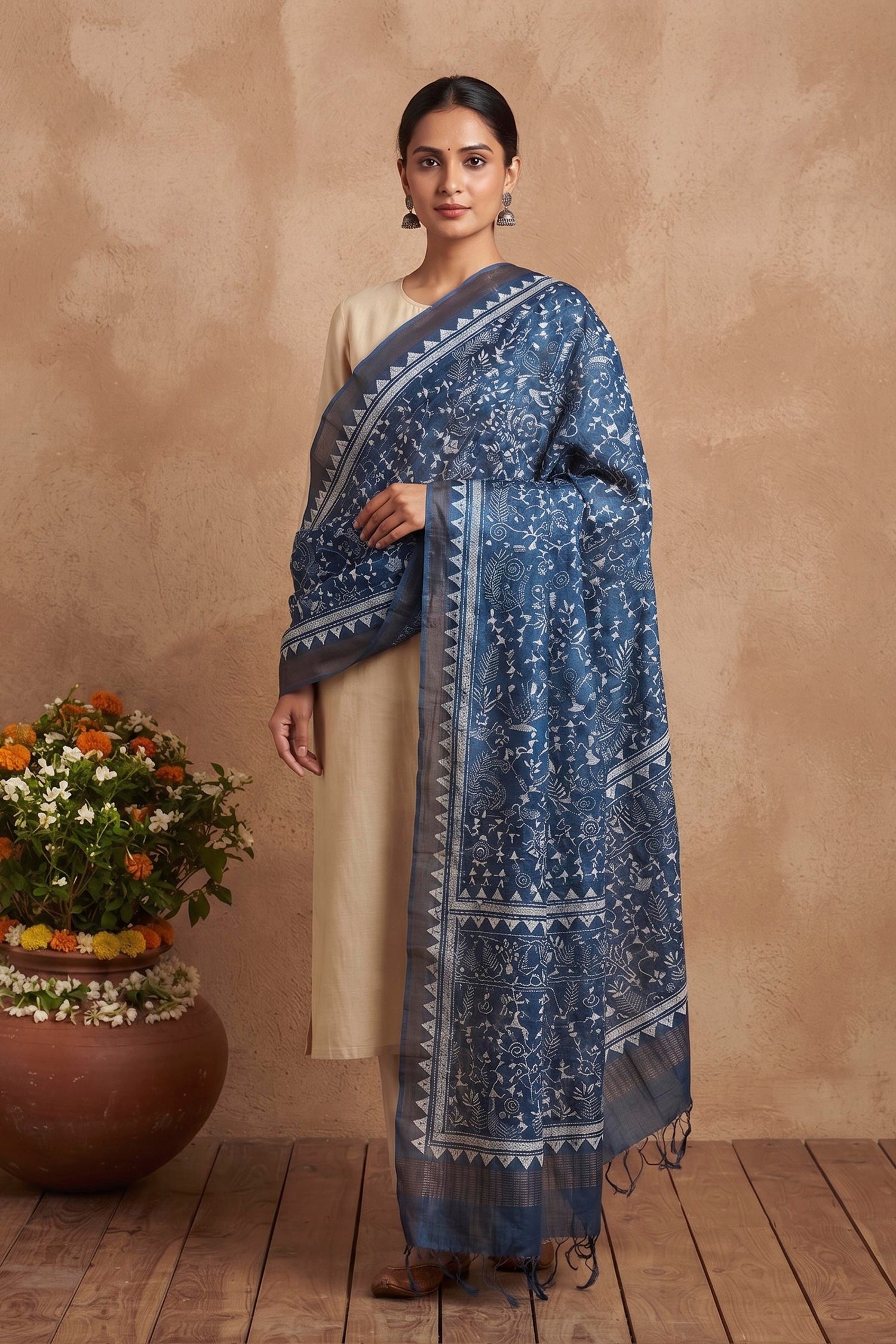 Zari Border Pure Tussar Kantha Stitch Dupatta SN26KD55
