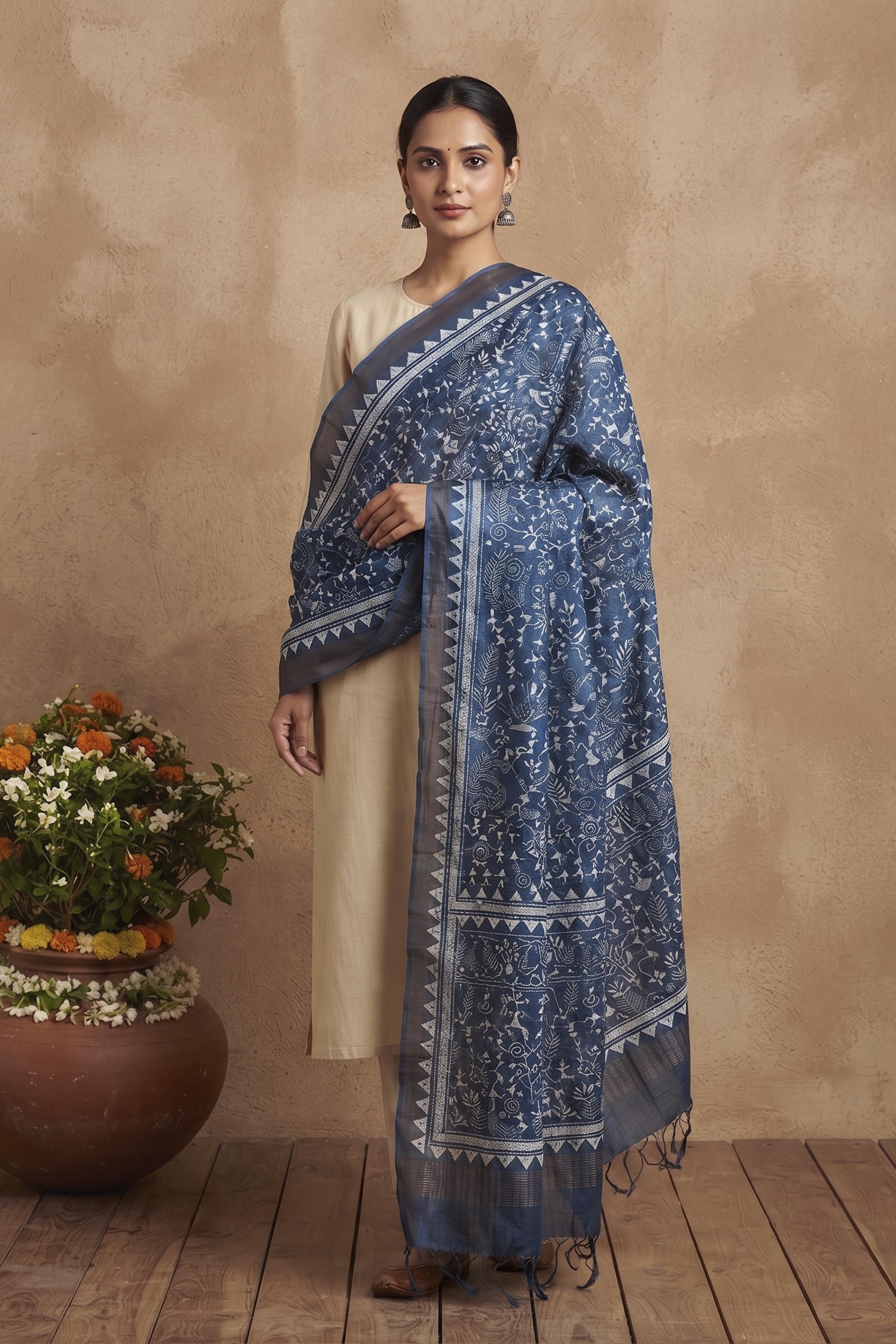 Zari Border Pure Tussar Kantha Stitch Dupatta SN26KD55